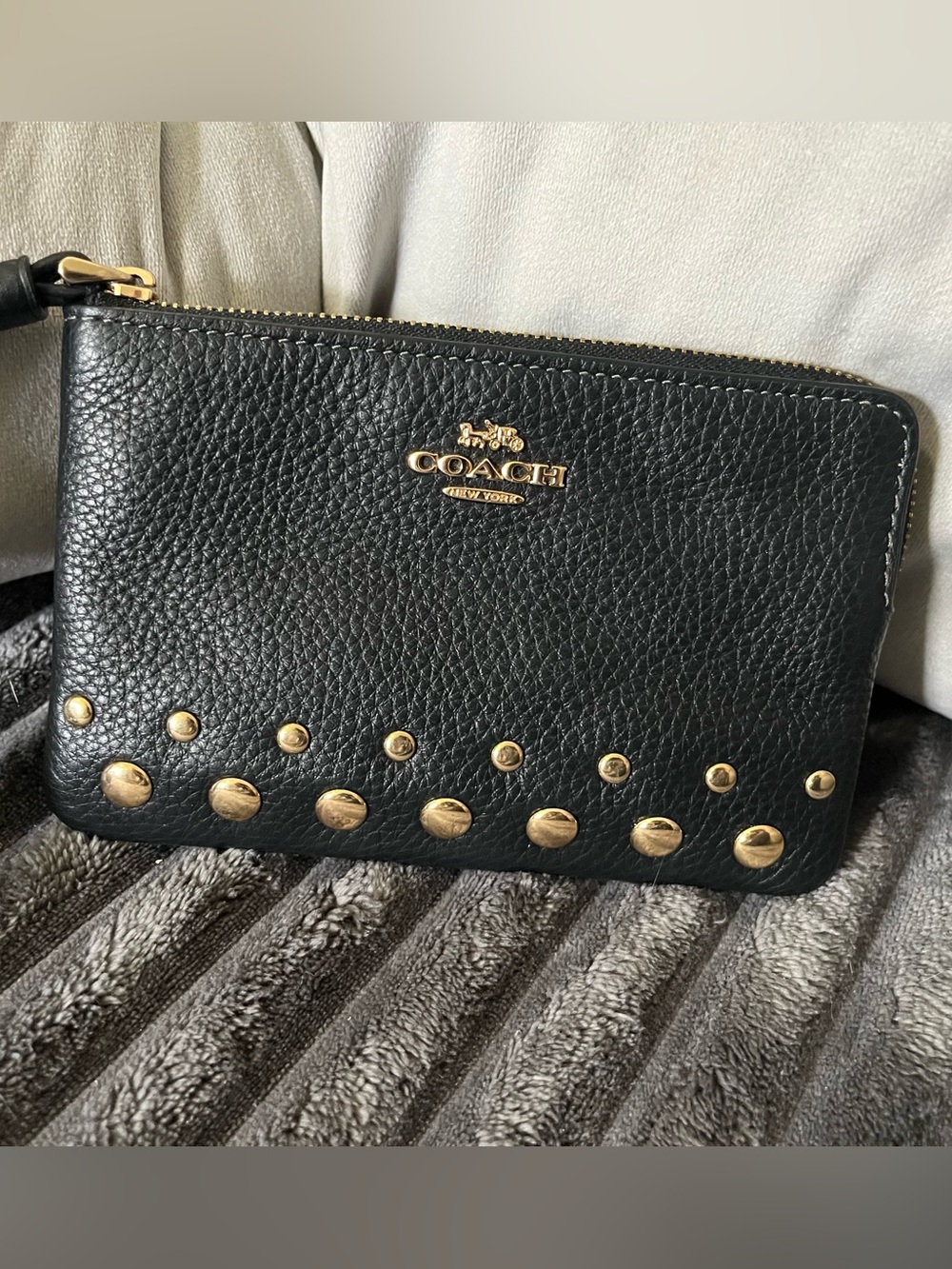 Coach Black Pebbled Leather Wristlet with Gold Stud Accents
